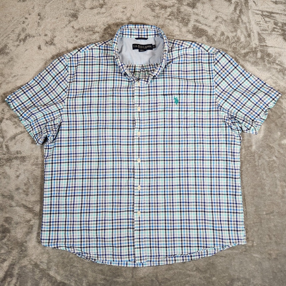 US Polo Assn Shirt Men's 2XL Short Sleeve Plaid Blue 11D136
